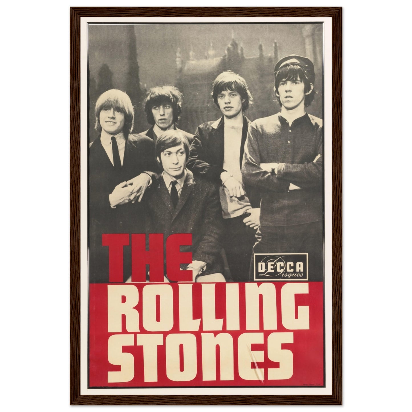 The Rolling Stones retro wall art print with monochrome band photo and red block lettering — ideal for vintage rock decor.