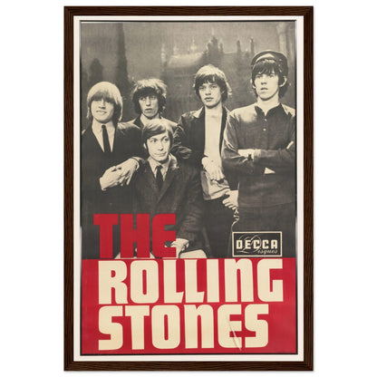 The Rolling Stones retro wall art print with monochrome band photo and red block lettering — ideal for vintage rock decor.