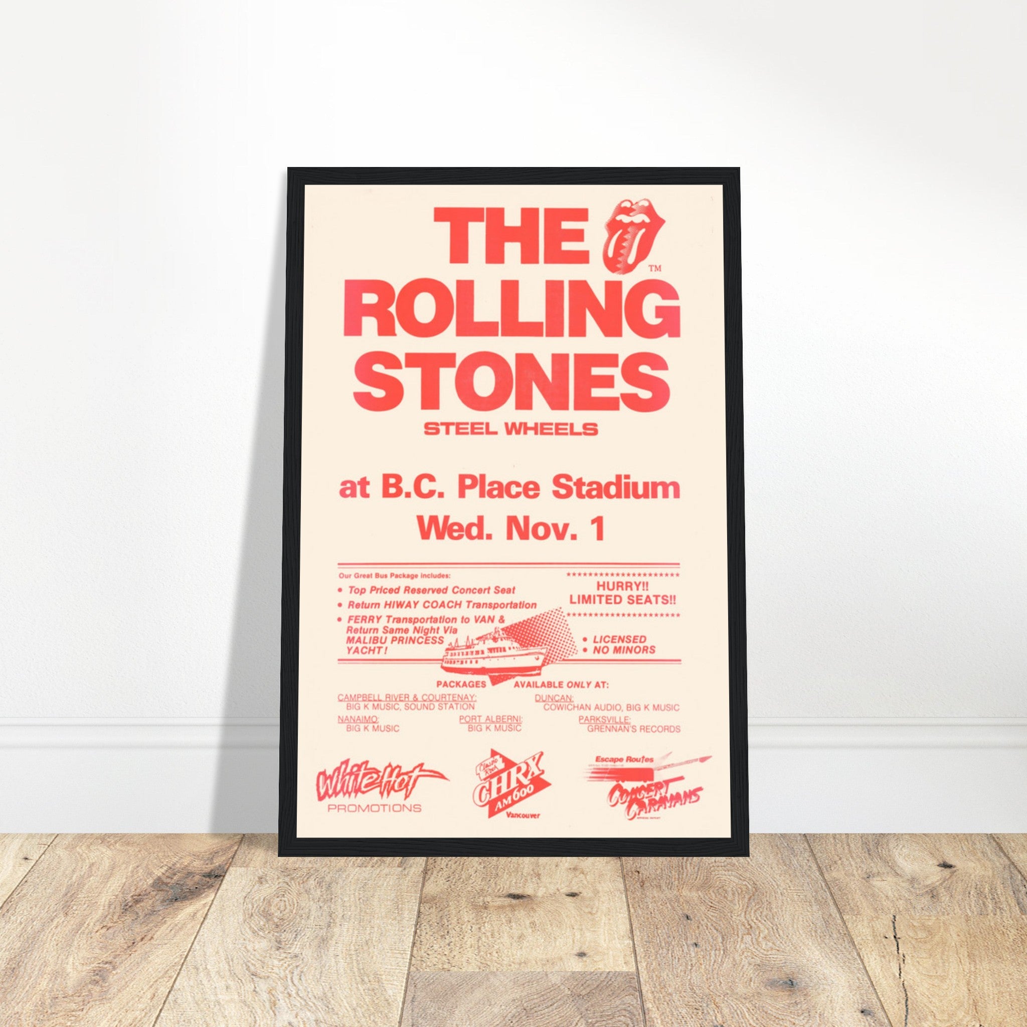 Vintage Rolling Stones Steel Wheels 1989 concert poster from B.C. Place Stadium — classic rock memorabilia print.