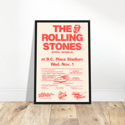 Vintage Rolling Stones Steel Wheels 1989 concert poster from B.C. Place Stadium — classic rock memorabilia print.