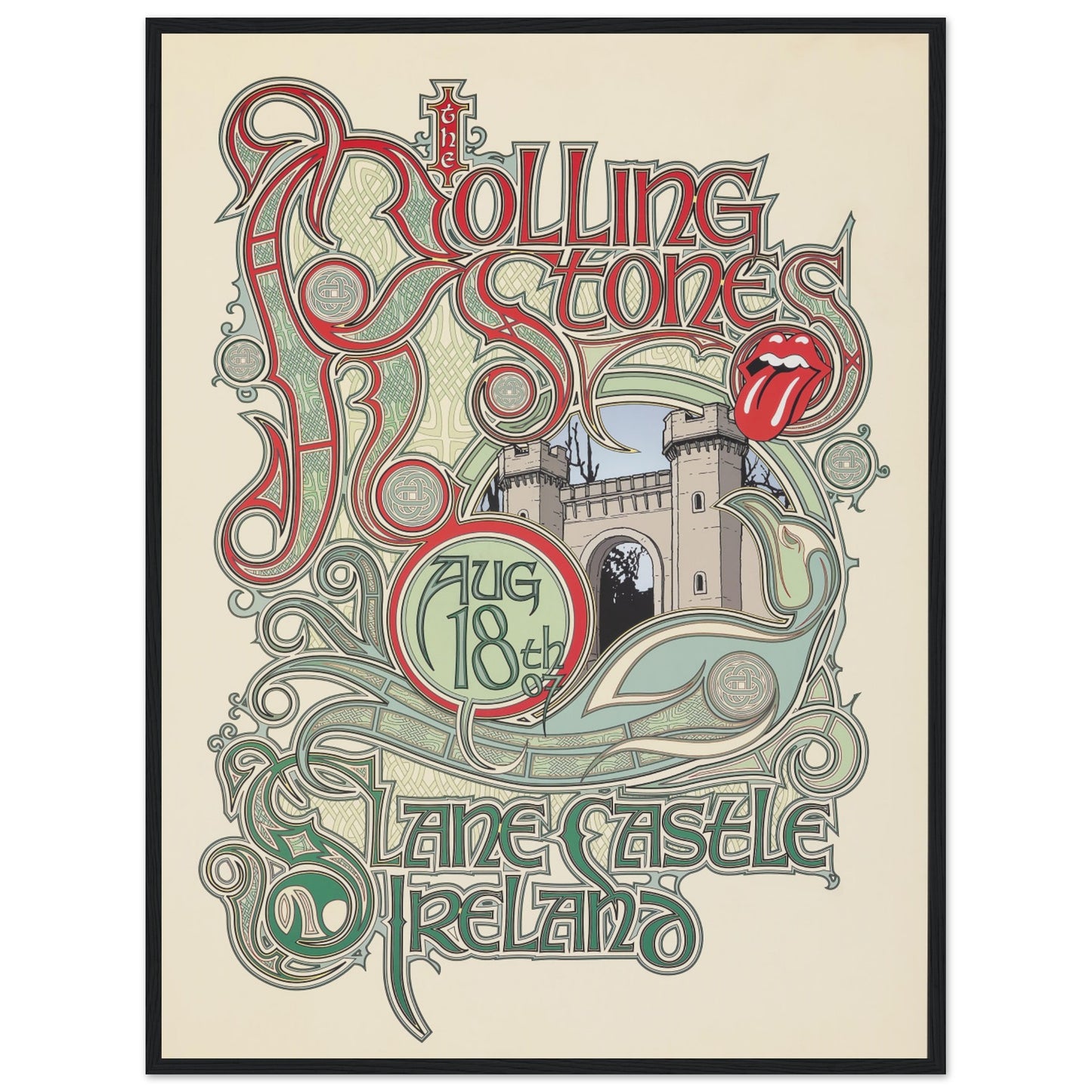 Decorative retro rock band poster with Rolling Stones logo and castle illustration