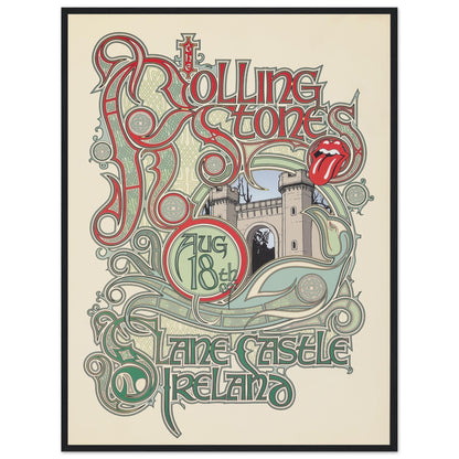 Decorative retro rock band poster with Rolling Stones logo and castle illustration