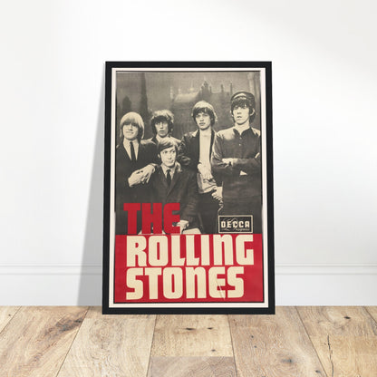 Vintage black and white Rolling Stones poster featuring 1960s band lineup and bold red typography from Decca Records.