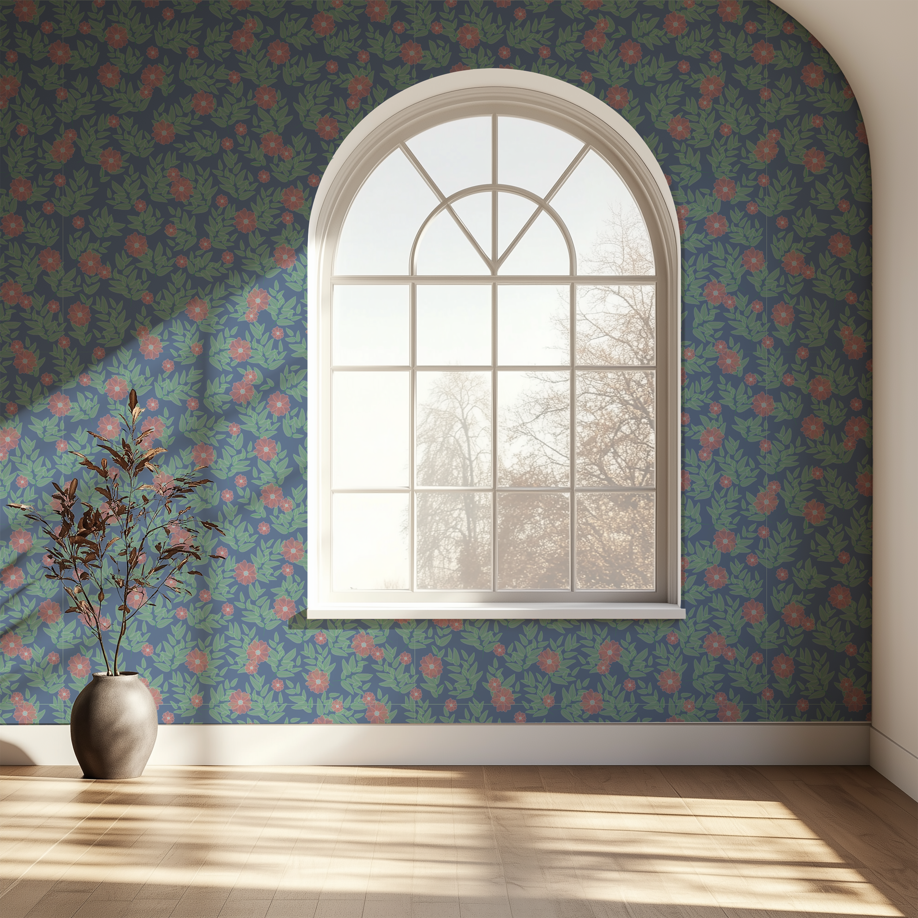 Rosevine Cottage floral wallpaper featuring dusty rose blossoms in a peaceful bedroom.