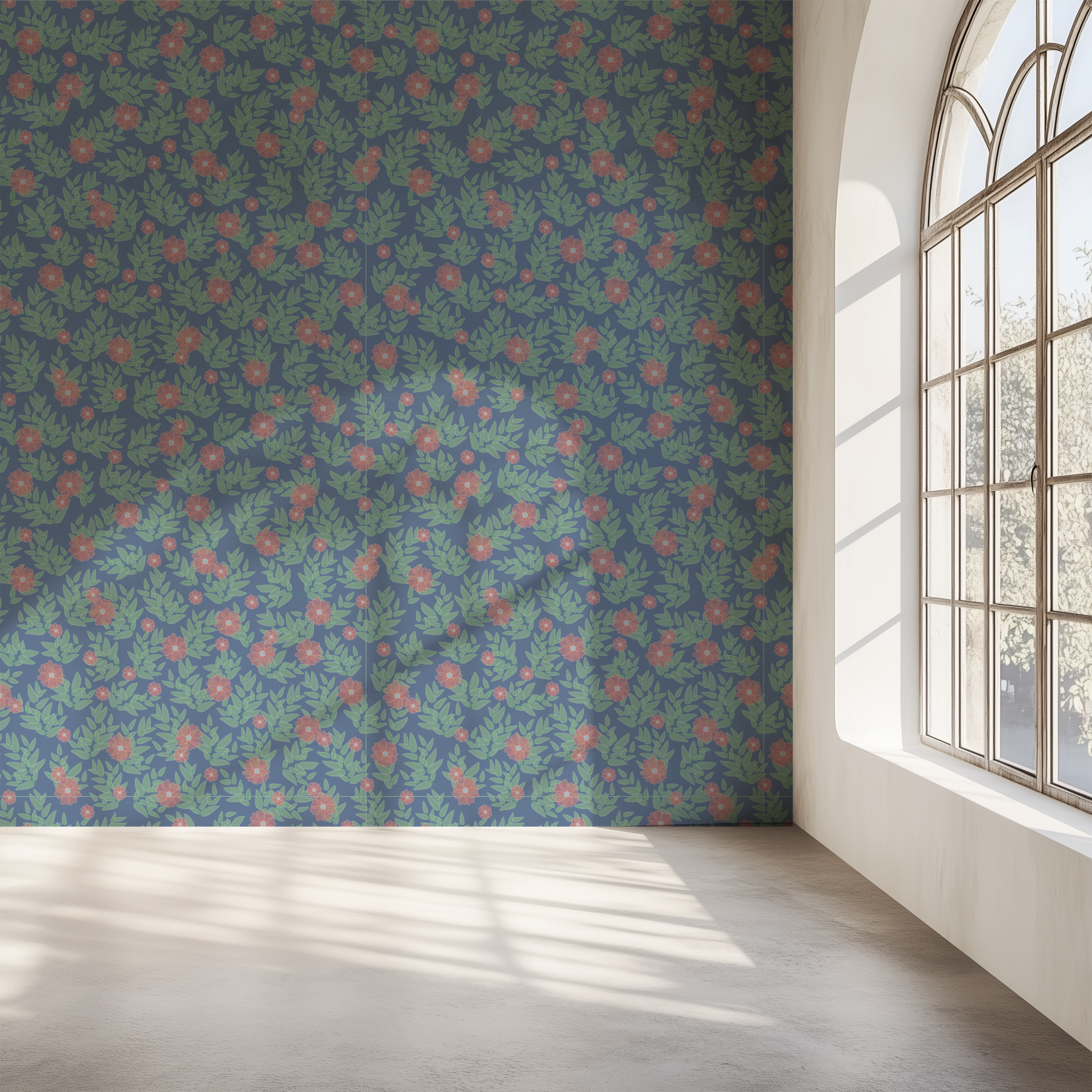 Rosevine Cottage floral wallpaper adding timeless botanical elegance to a bright hallway.