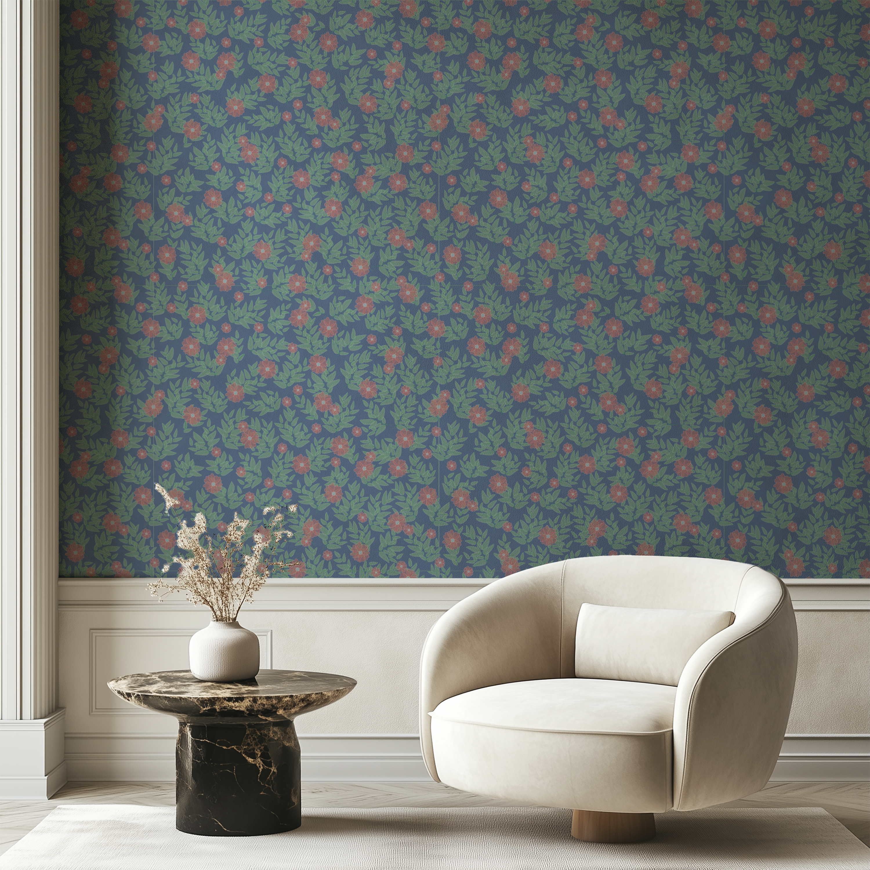 Rosevine Cottage botanical wallpaper creating a cozy living room with vintage floral charm.