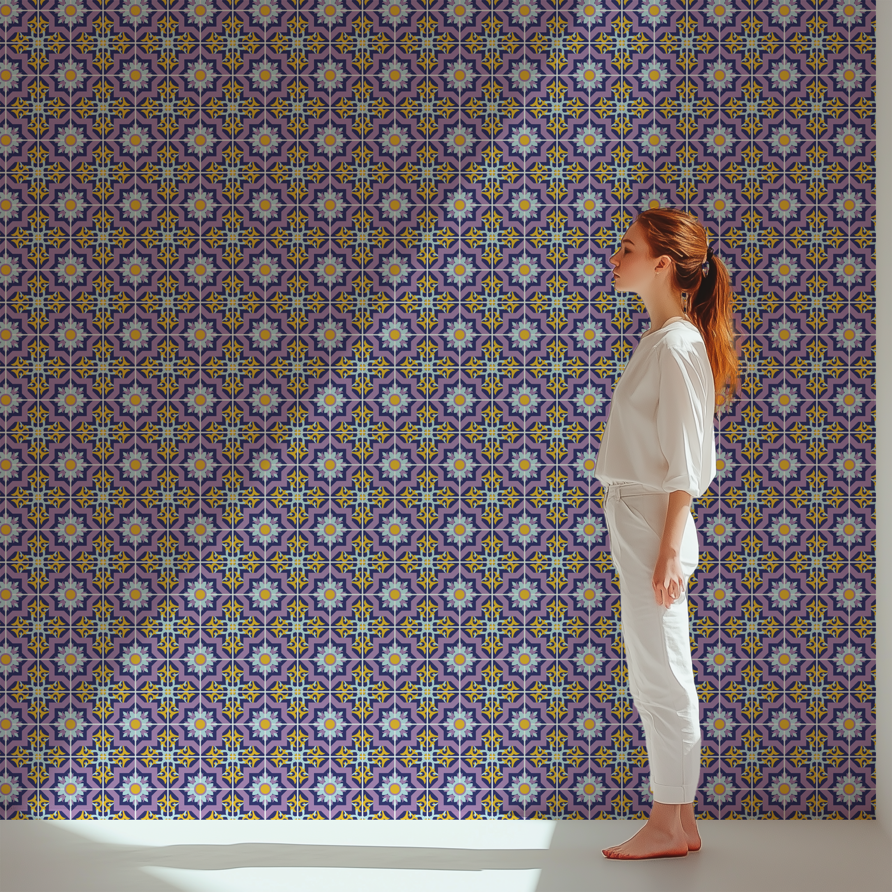 Royal purple Moroccan mosaic wallpaper, geometric tile wallpaper, Islamic pattern wallpaper, luxury wallpaper, ornamental wallpaper, Mediterranean wall mura