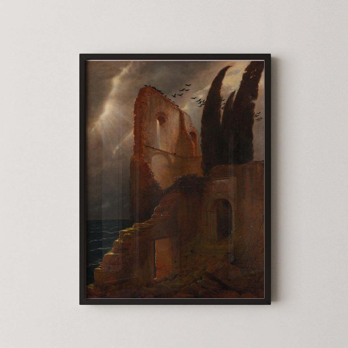 Ruin by the Sea by Arnold Böcklin, art print in a black frame