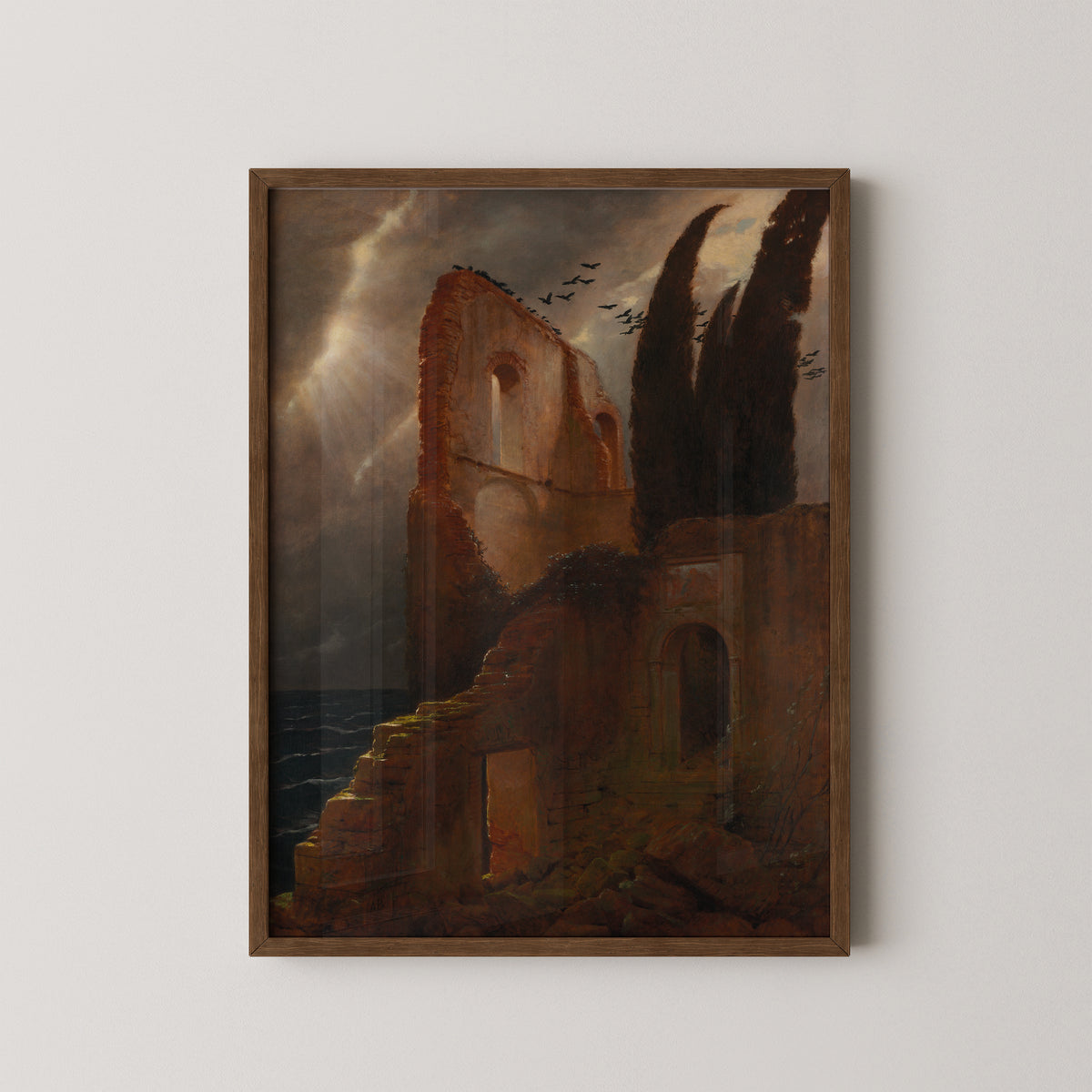 Ruin by the Sea by Arnold Böcklin, art print in a dark wood frame