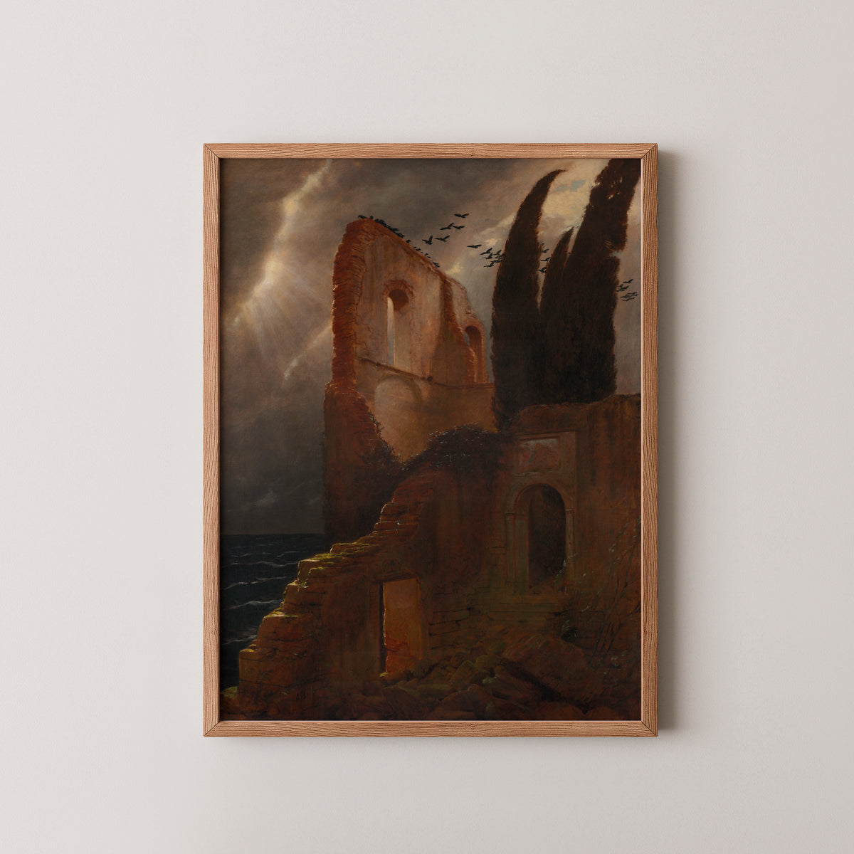 Ruin by the Sea by Arnold Böcklin, art print in a natural wood frame