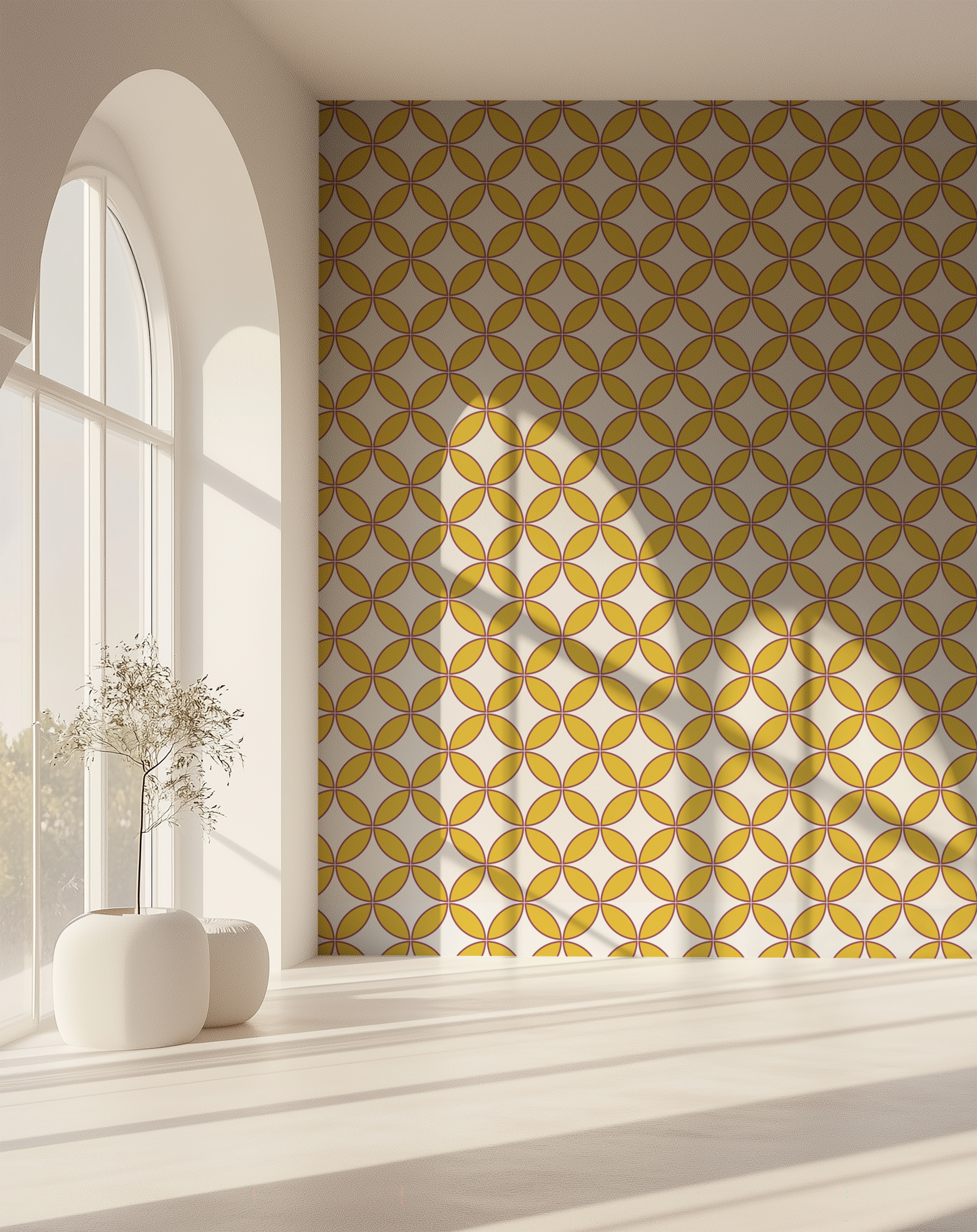Mustard geometric wallpaper with a retro circle pattern in a bright architectural interior