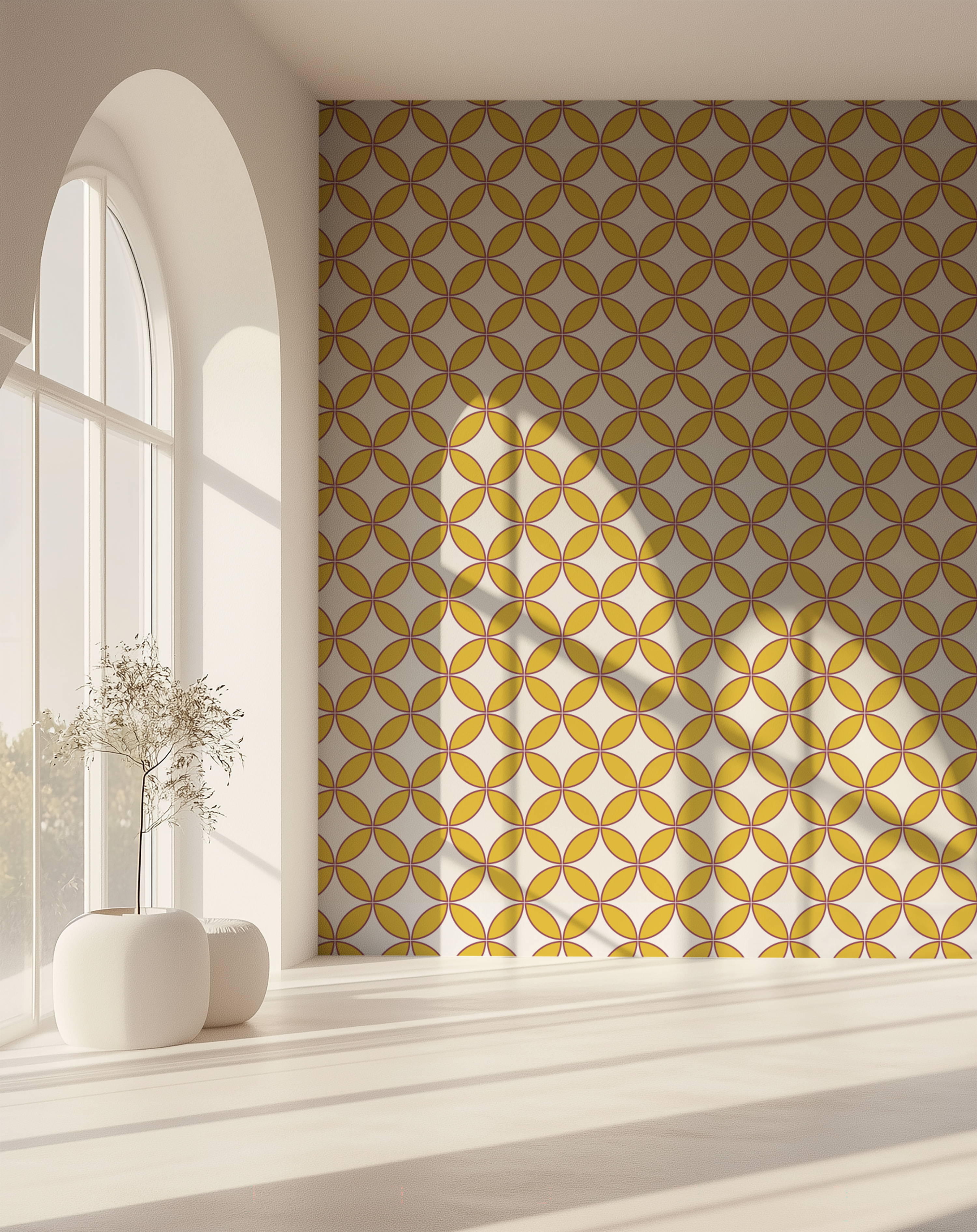 Mustard geometric wallpaper with a retro circle pattern in a bright architectural interior