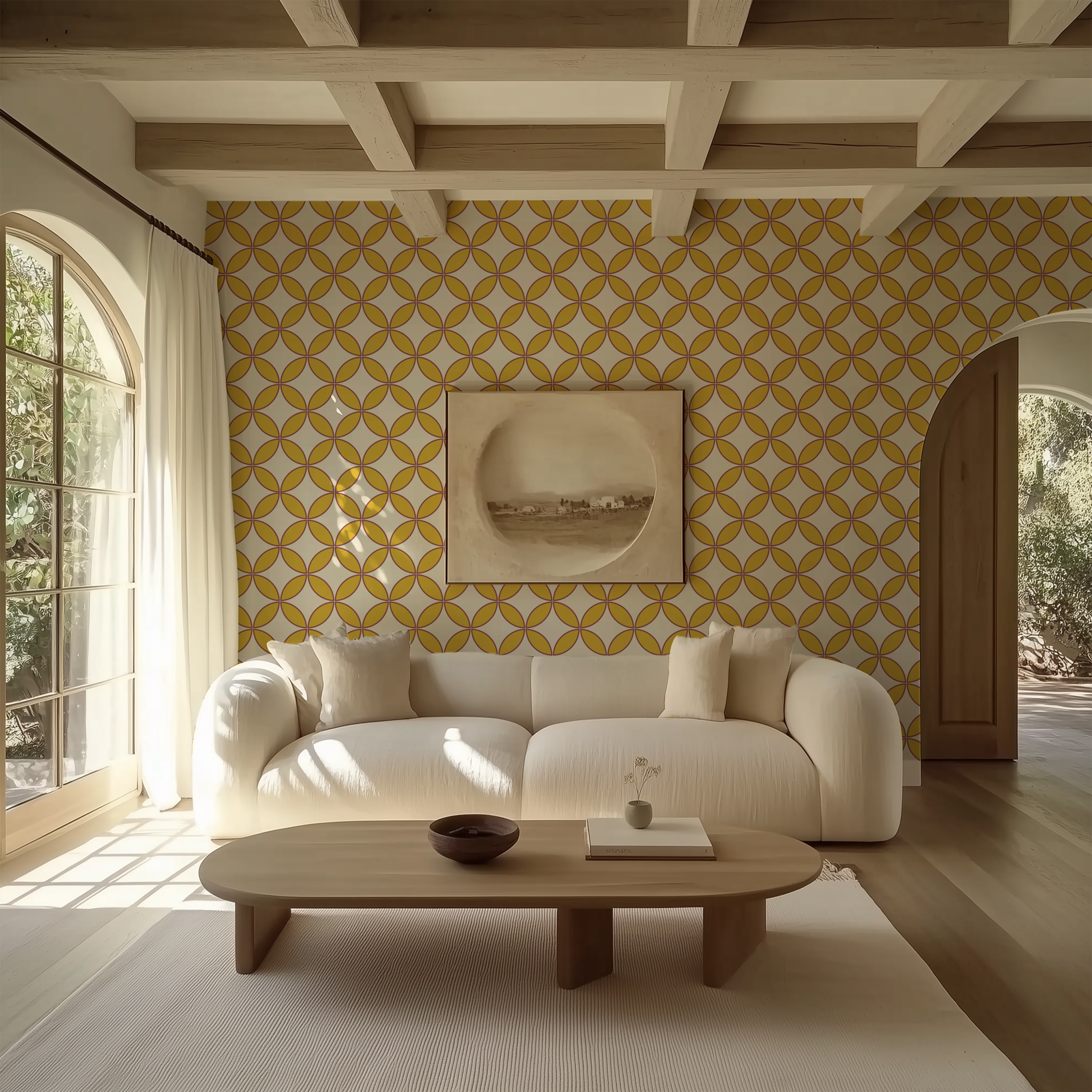 Mustard mid-century geometric wallpaper styled in a warm retro living room