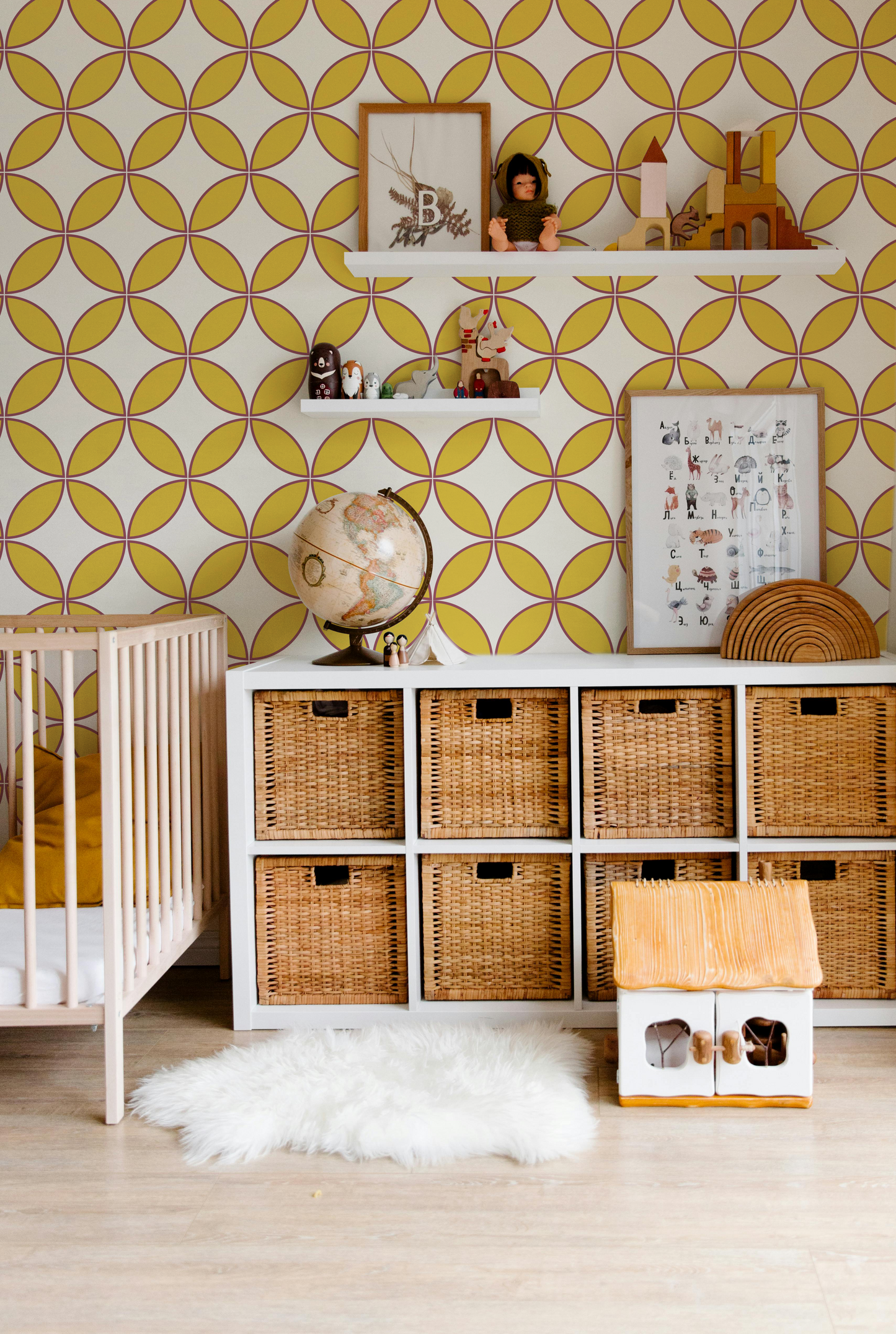 Mustard and cream retro geometric wallpaper styled in a modern nursery and kids room
