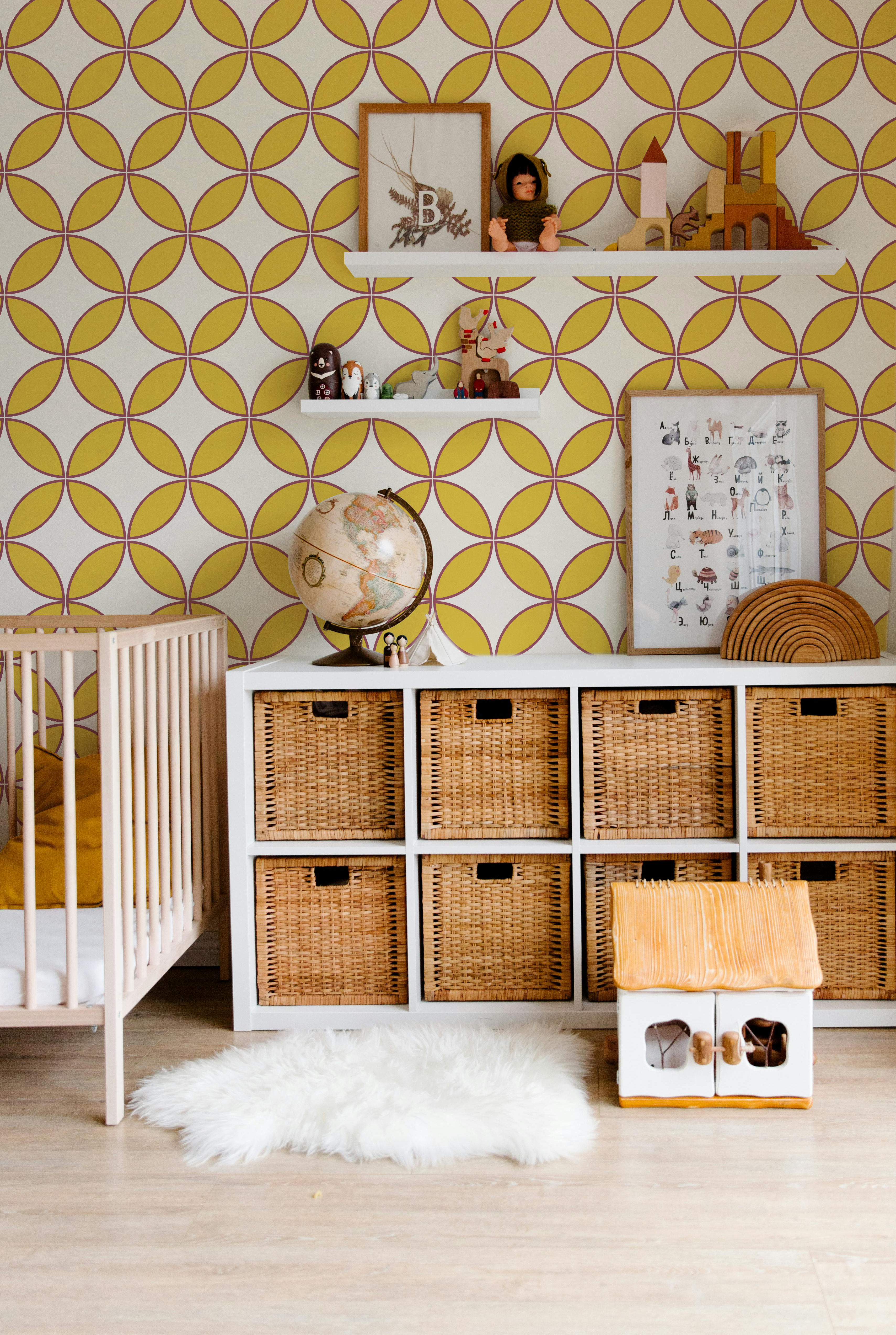 Mustard and cream retro geometric wallpaper styled in a modern nursery and kids room