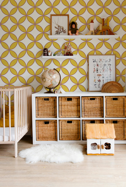 Mustard and cream retro geometric wallpaper styled in a modern nursery and kids room