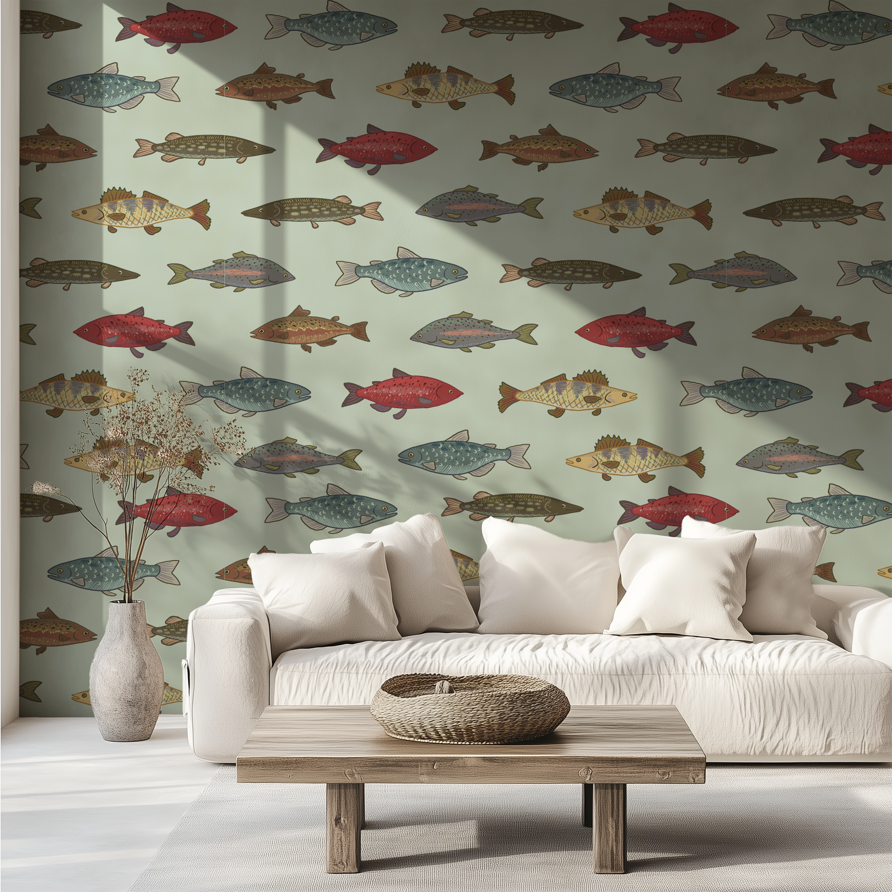Sage green wallpaper, fish pattern wallpaper, freshwater wallpaper, non woven wallpaper, premium wallpaper