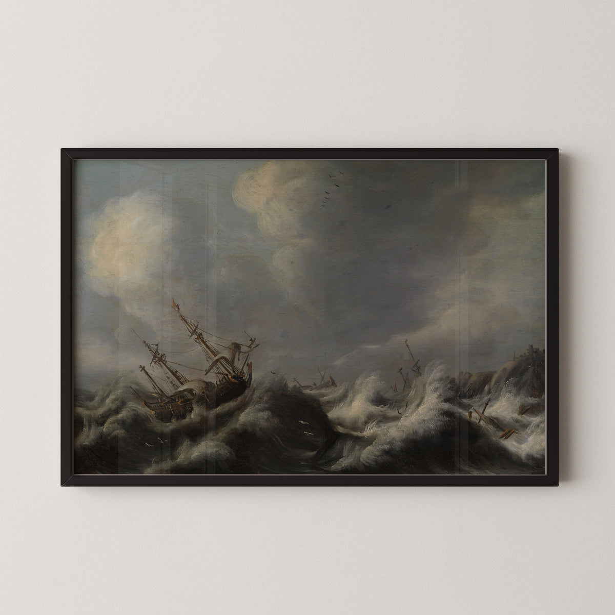 Sailing ships in a storm by Pieter Jansz. van der Croos, art print in a black frame