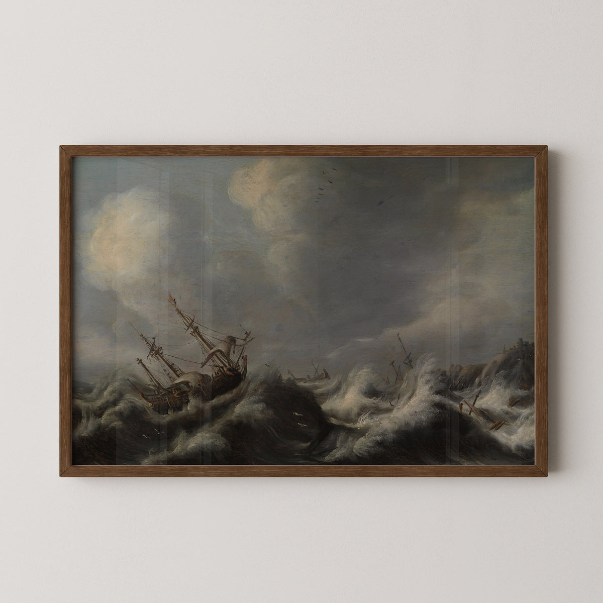 Sailing ships in a storm by Pieter Jansz. van der Croos, art print in a dark wood frame