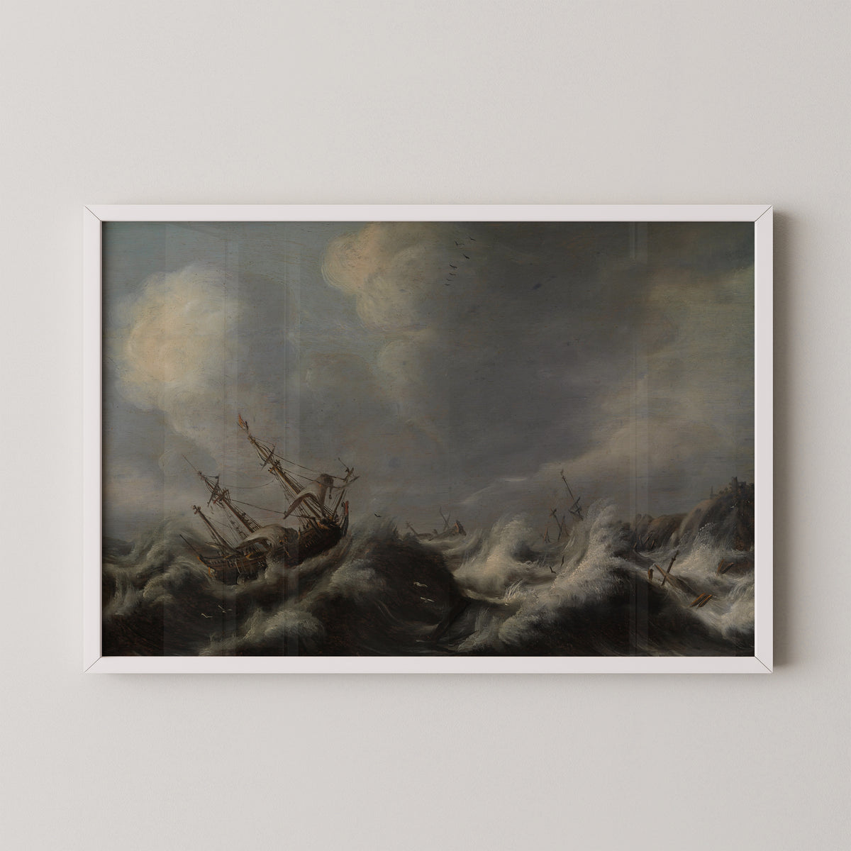 Sailing ships in a storm by Pieter Jansz. van der Croos, art print in a white frame