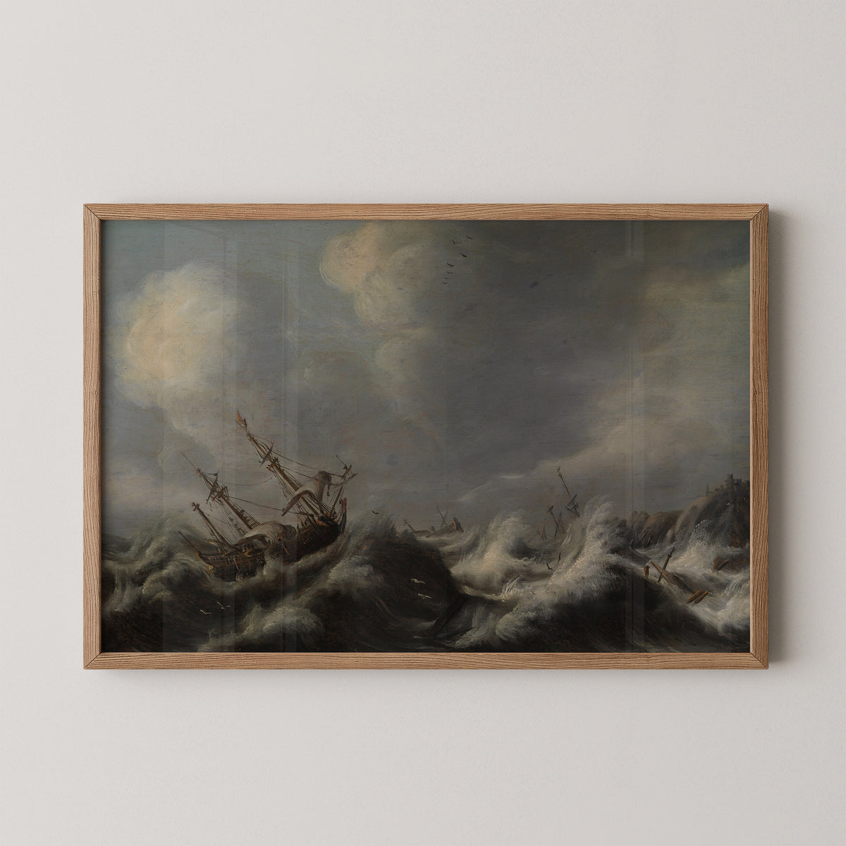 Sailing ships in a storm by Pieter Jansz. van der Croos, art print in a natural wood frame