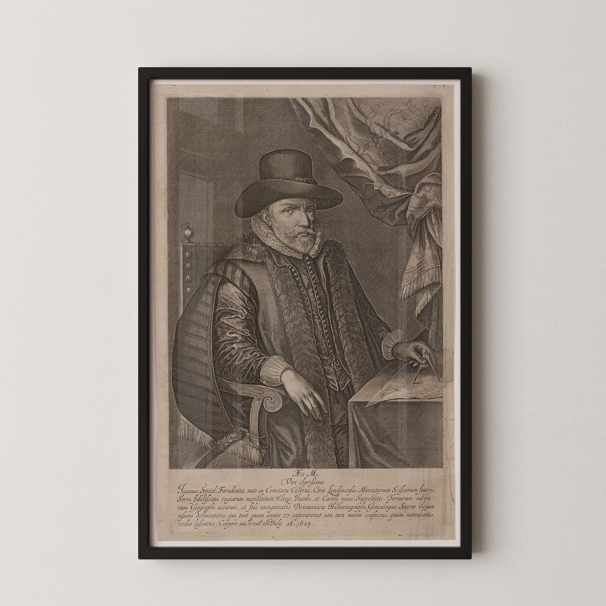 John Speed seated in a broad hat and fur-trimmed coat, with desk and drapery, black frame