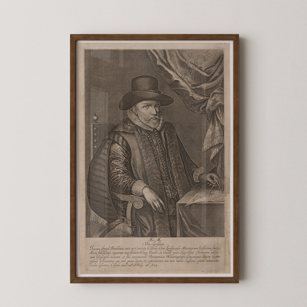 Salomon Savery portrait of John Speed with ornate chair, drapery and inscription, dark wood frame