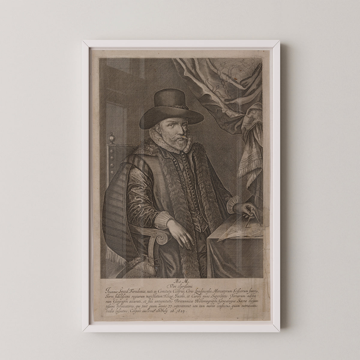 Full engraved portrait of John Speed showing hat, ruff, fur coat and lower inscription, white frame
