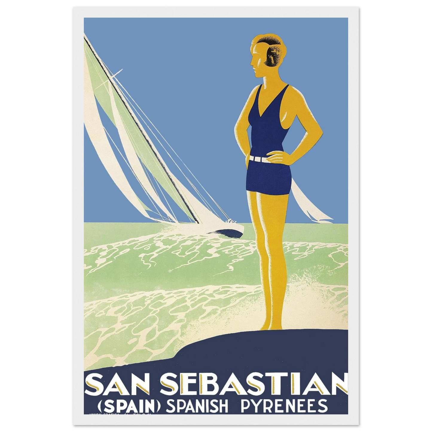 Basque Country travel poster of San Sebastián, celebrating the tranquil sea views and maritime elegance of Spain’s northern coast.