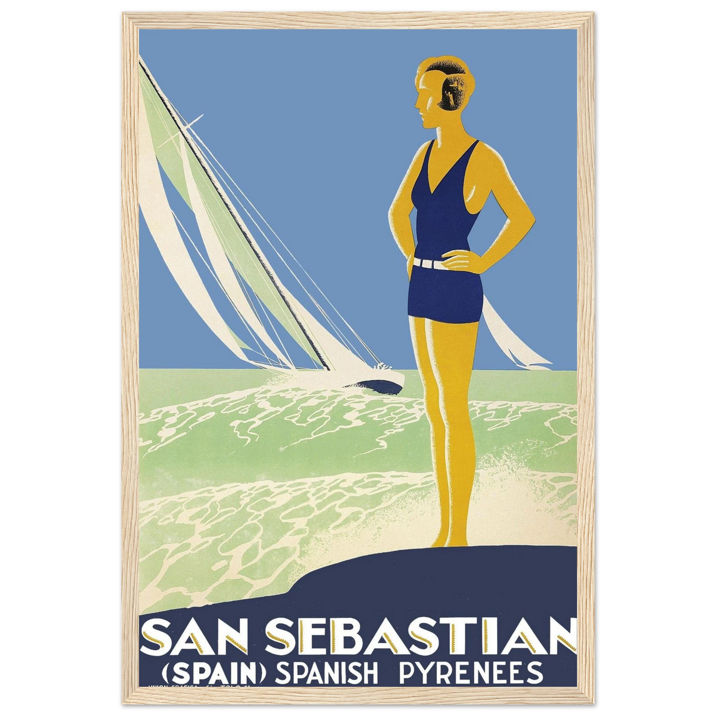 Art print of La Concha Bay in San Sebastián, a vintage-style poster capturing the beauty of Spain’s Basque seaside landscape.