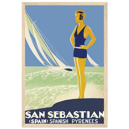 Art print of La Concha Bay in San Sebastián, a vintage-style poster capturing the beauty of Spain’s Basque seaside landscape.