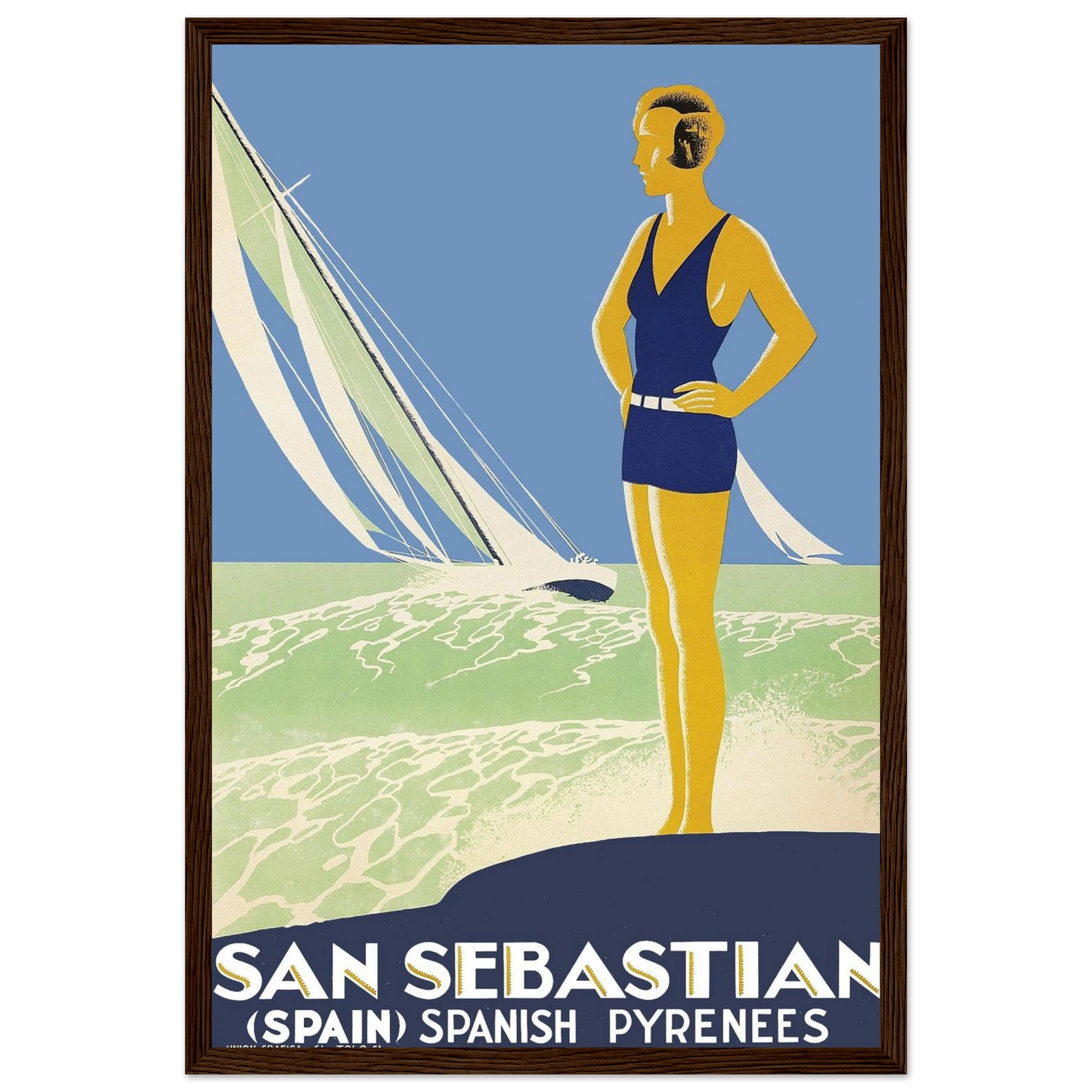 Vintage San Sebastián sea poster featuring La Concha Bay and the Basque coastline, blending Spanish seaside charm with classic travel art style.