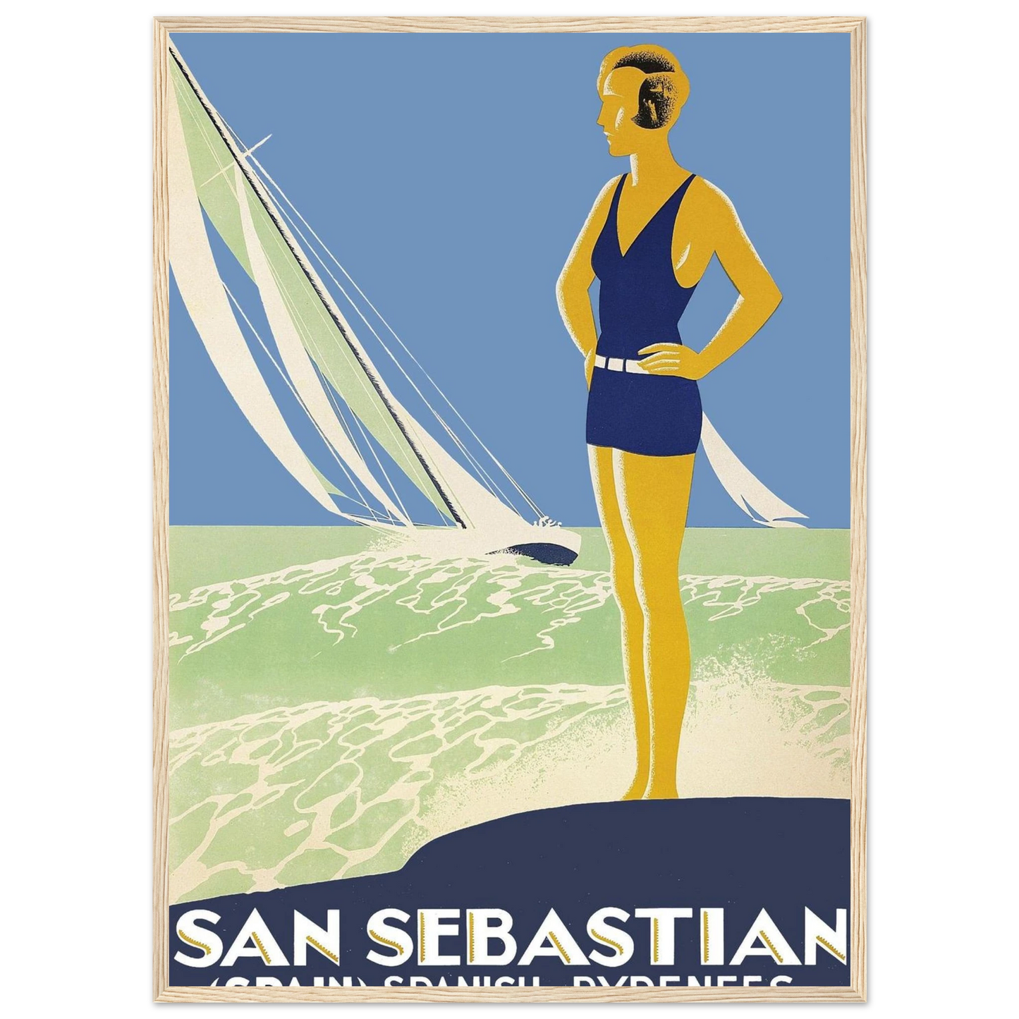 Travel poster of San Sebastián, Spain, showcasing the elegance of the northern coast with rolling waves and vintage Mediterranean design.