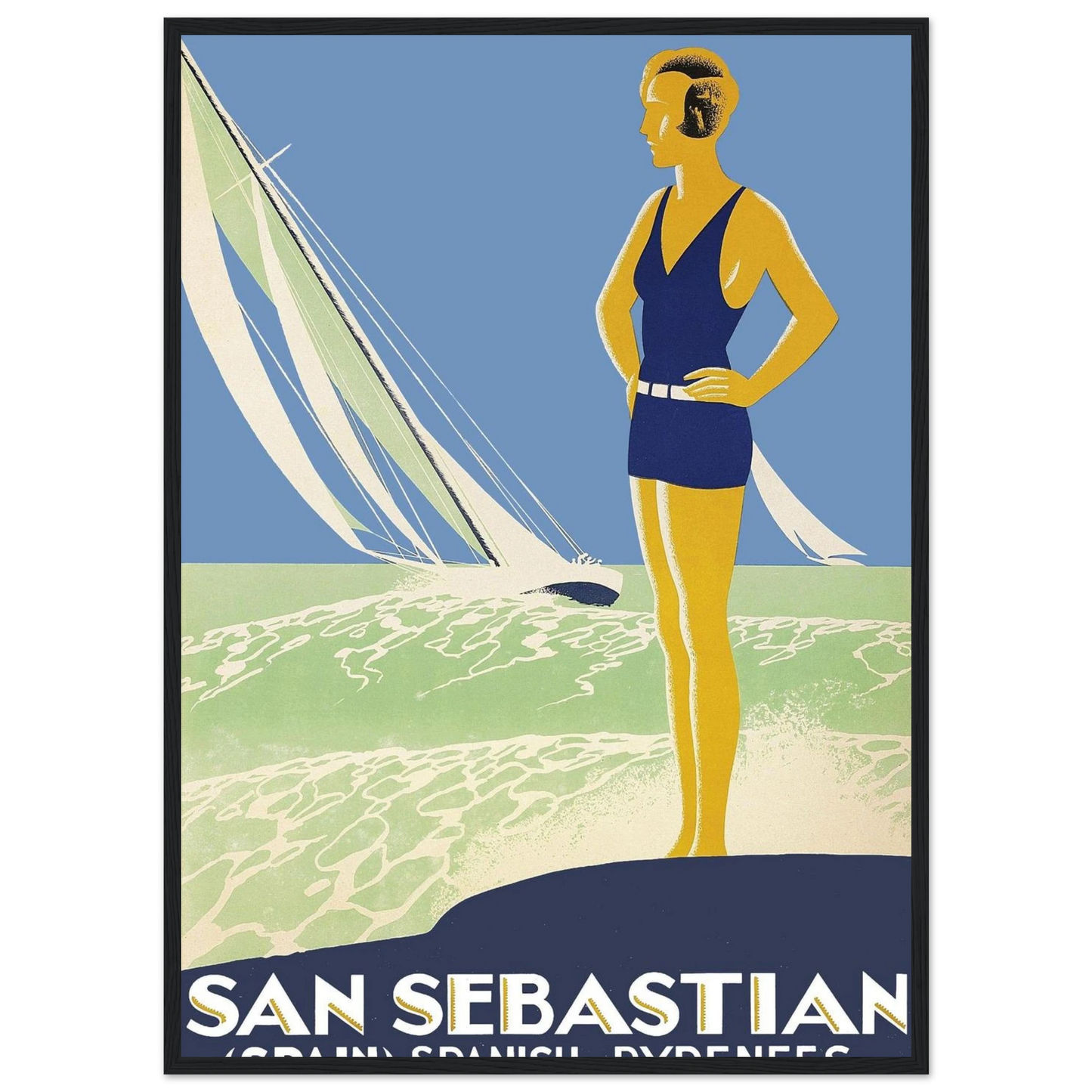 Vintage beach art print of San Sebastián, combining ocean scenery and classic European travel poster aesthetics for coastal decor lovers.