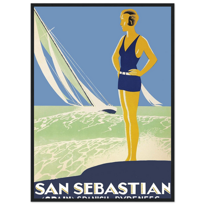 Vintage beach art print of San Sebastián, combining ocean scenery and classic European travel poster aesthetics for coastal decor lovers.