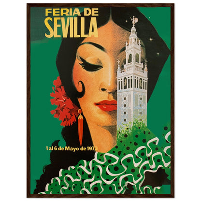 Classic 1970s Sevilla Feria artwork showcasing vibrant flamenco style and architecture
