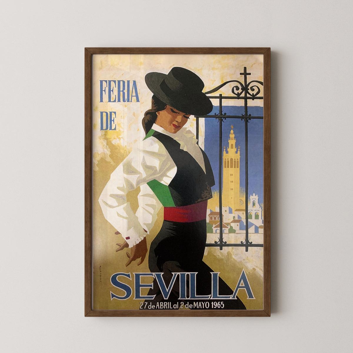 sevilla spain feria poster – darkwood frame mockup