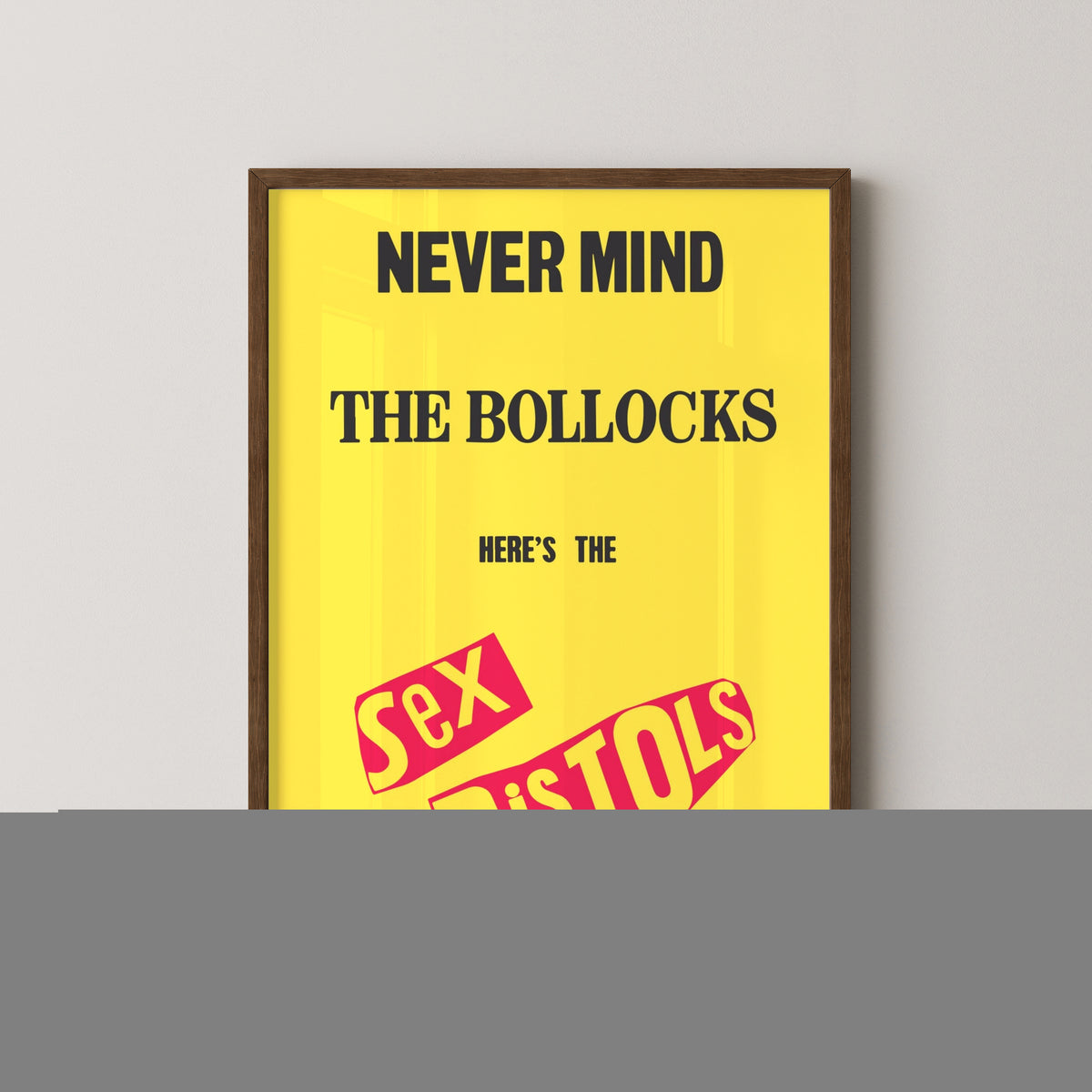 Never Mind the Bollocks Poster – Sex Pistols Album Art – darkwood frame mockup