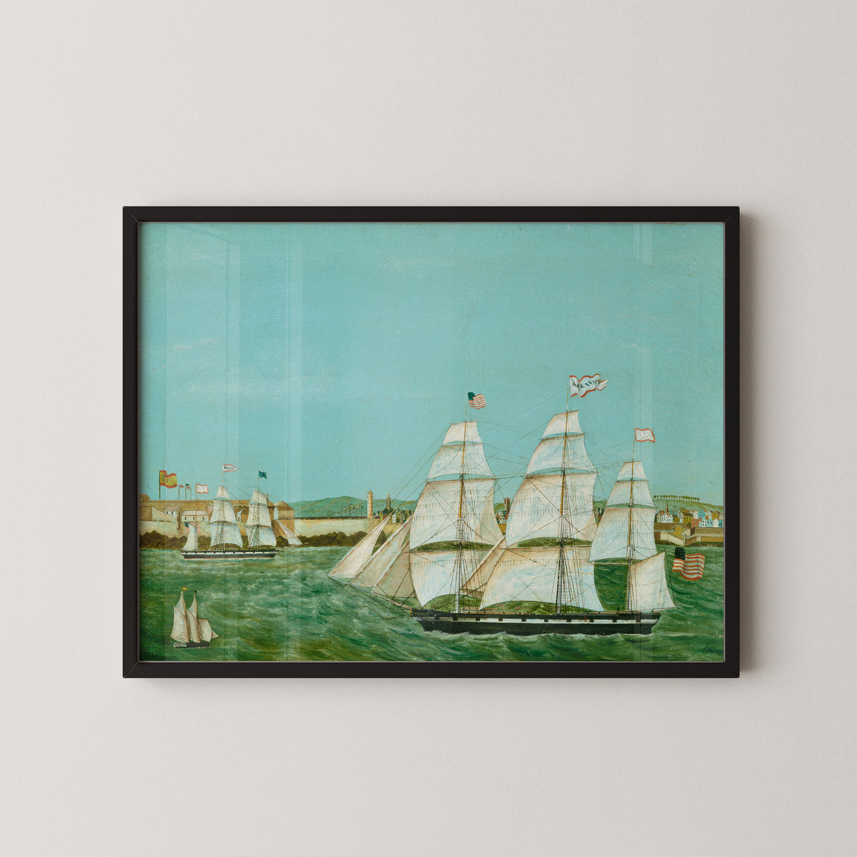 Ship Arkansas Leaving Havana by A. Hashagen art print in a black frame, showing sailing ship leaving Havana harbor