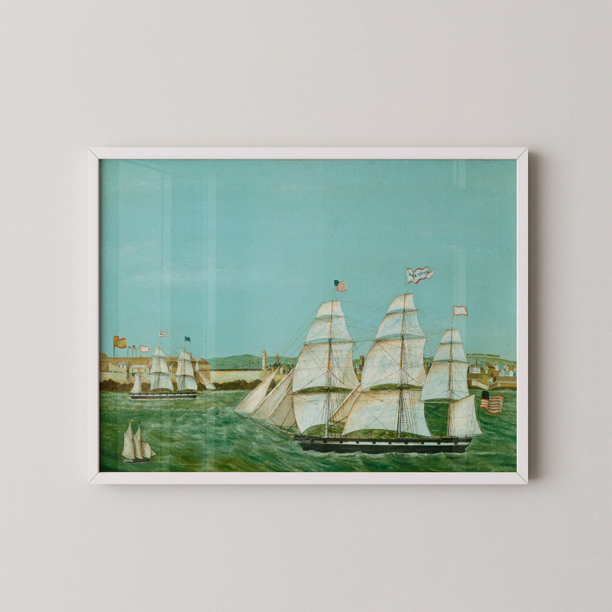 White-framed Ship Arkansas Leaving Havana by A. Hashagen art print, featuring sailing ship leaving Havana harbor