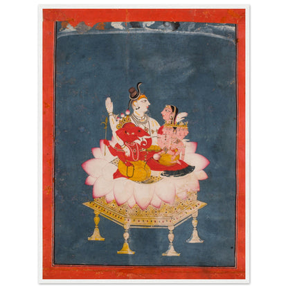 Vibrant Hindu wall art featuring Lord Shiva’s family — Parvati, Ganesha, and Karttikeya — rendered in traditional Indian style.