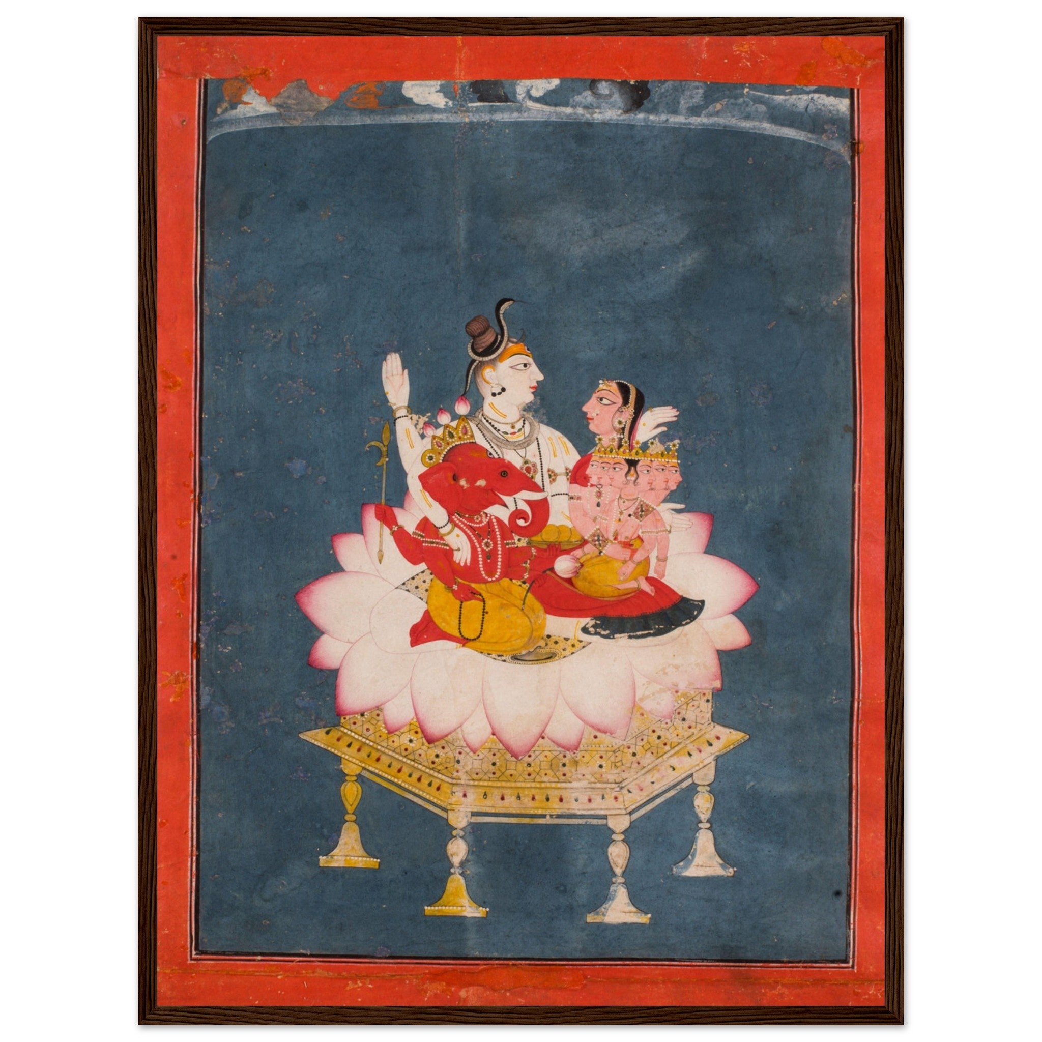 Sacred wall art of Lord Shiva’s family, depicting Parvati, Ganesha, and Karttikeya in colorful traditional devotional art.