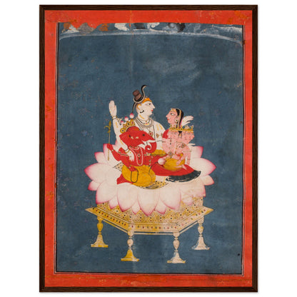 Sacred wall art of Lord Shiva’s family, depicting Parvati, Ganesha, and Karttikeya in colorful traditional devotional art.