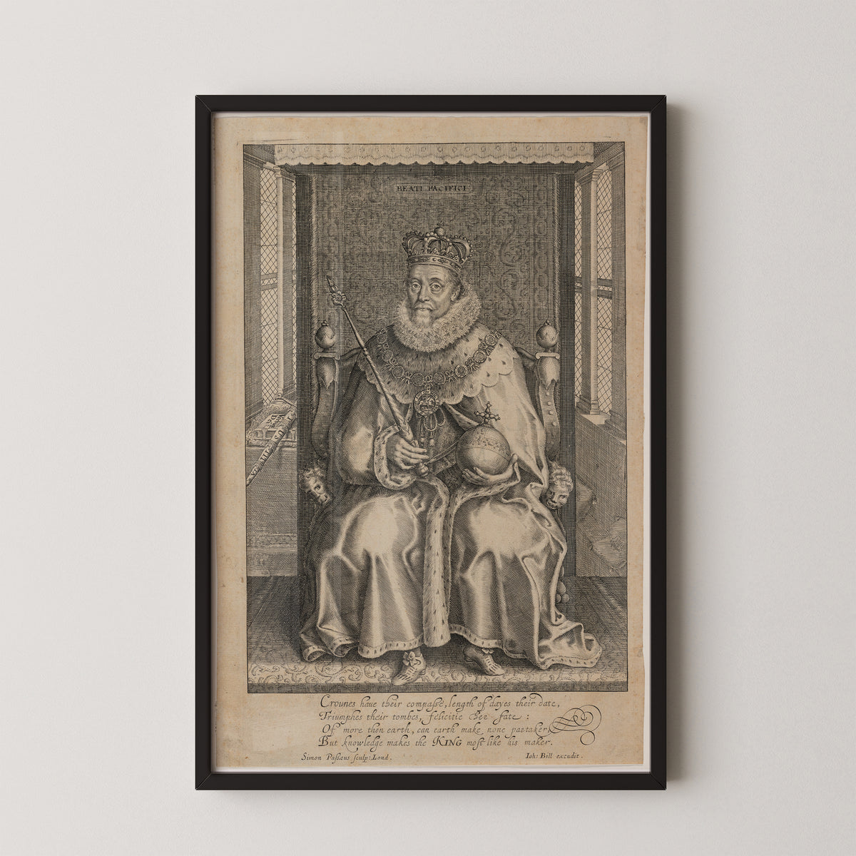 Full James I portrait with crown, orb and scepter beneath a canopy, black frame