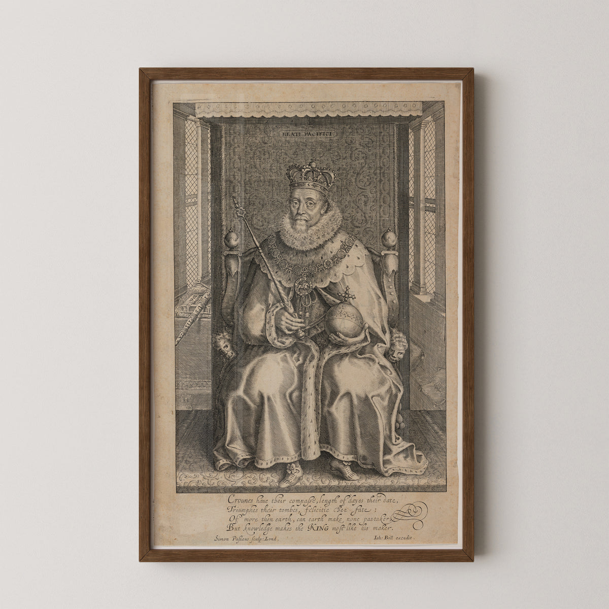 James I seated portrait with ruff, royal chain and inscription, dark wood frame