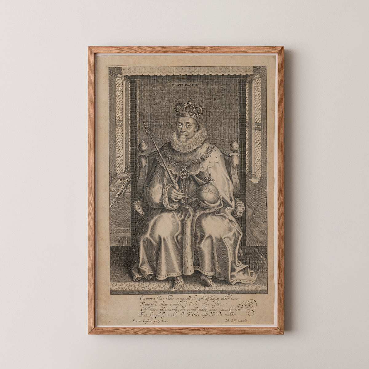 Full engraved James I portrait with patterned robes and columns, natural wood frame