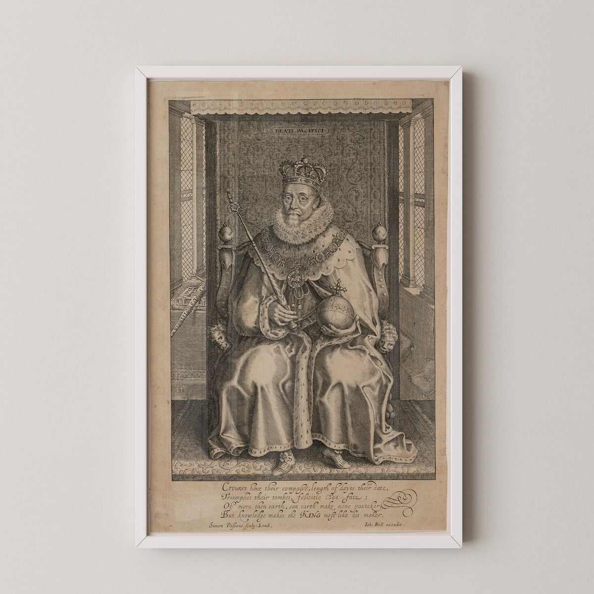 Complete James I engraving with architectural setting and ornate robe, white frame