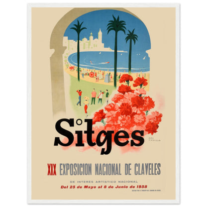 Sitges Catalonia coastal art print showing palm trees, seaside promenade, and flowers — classic 1950s Spanish poster.