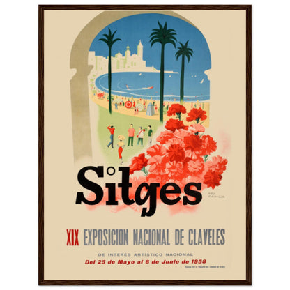 Mid-century travel poster of Sitges, Spain — vintage illustration of the beach and 1950s National Carnation Exhibition.