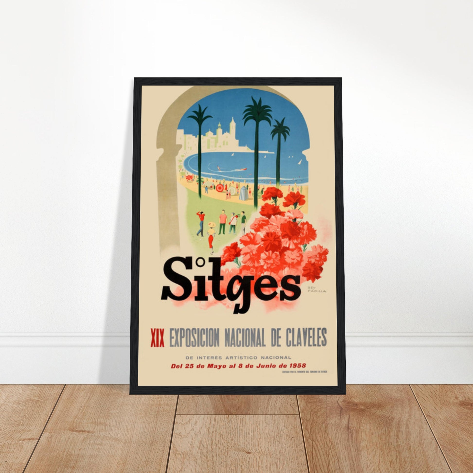 Vintage Sitges Spain travel poster from 1958 featuring Mediterranean beach view, red carnations, and mid-century design style.